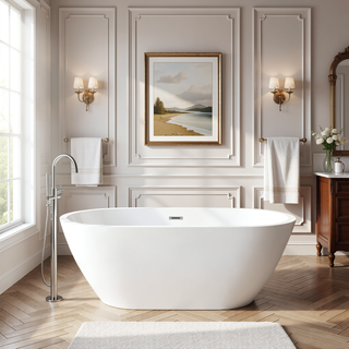 Sunvega 59 Inch Acrylic Freestanding Soaking Tub with Gold Overflow Drain