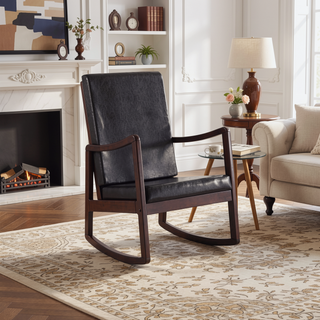 Sunvega Dark Brown Synthetic Leather and Espresso Finish Rocking Chair with Upholstered Cushions