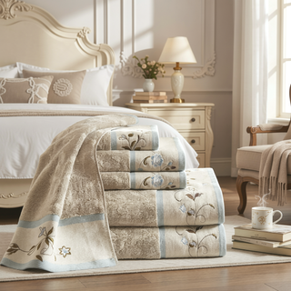 Sunvega Elegant Cotton Jacquard 6 Piece Towel Set with Floral Embroidery