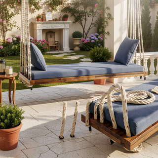 Sunvega Patio Wooden Swing Chair with Cushion and Pillows, Hanging Porch Bench for Garden and Backyard