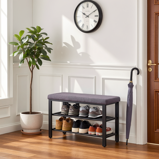 Sunvega 3-Tier Entryway Shoe Rack Bench with Comfortable Linen Cushion and Metal Mesh Shelves