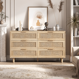 Sunvega Modern Natural Rattan 6 Drawer Dresser with Wood Legs for Bedroom Storage