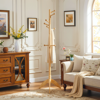Sunvega Dark Brown Finish 7 Tiers 11 Hooks Solid Wood Coat Rack Stand