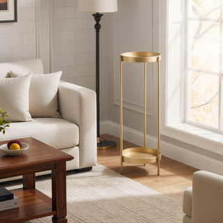 Sunvega Golden Folding Metal 2-Tier Plant Stand with Round Trays for Indoor Outdoor