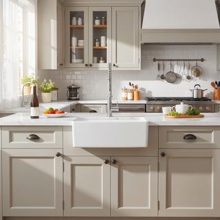 Sunvega 33 Inch White Porcelain Ceramic Farmhouse Kitchen Sink Workstation with Reversible Apron