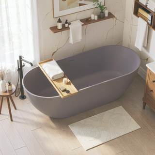 Sunvega Matte Gray 59 Inch Freestanding Stone Resin Bathtub with Overflow Drain