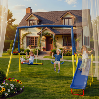 Sunvega Heavy-Duty A-Frame Metal Outdoor Swing Set with Saucer and Belt Swings