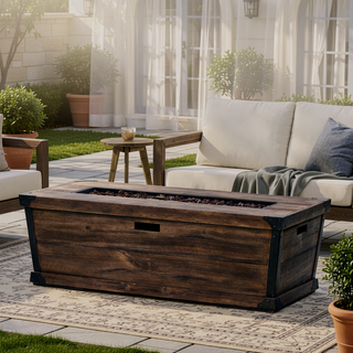 Sunvega 56-Inch Rectangle Rustic Wood Pattern Concrete Gas Fire Pit Table 50,000 BTU