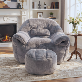 Sunvega Faux Fur Bean Bag Sofa Chair with Back Support and Footstool for Adults