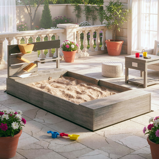 Sunvega Wooden Sandbox with Kitchen Design Sink and Liner for 3-7 Years Old