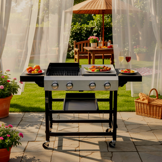 Sunvega 2 Burner Gas and Plancha Combo Grill with Cast Iron Grids and Enameled Stove Body