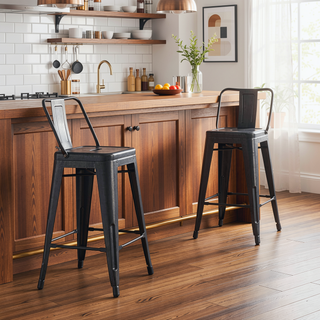 Sunvega 24" Sanded Matte Black Industrial Metal Barstools with Bucket Back, Set of 4