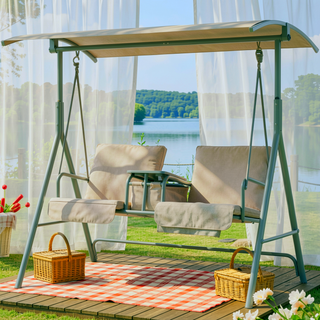 Sunvega Outdoor Porch Swing Chair with Canopy Table and Cup Holders for Two Adults