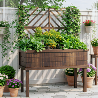 Sunvega Raised Garden Bed with Trellis for Climbing Plants, Outdoor Planter Box with Self-Draining Design