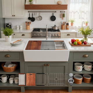 Sunvega 33 Inch White Porcelain Ceramic Farmhouse Kitchen Sink Workstation with Reversible Apron