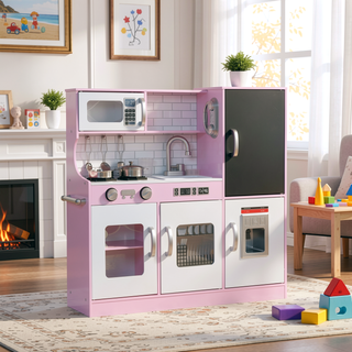 Sunvega Kids Kitchen Playset with Chalkboard, Toy Phone, Ice Maker, Microwave, and Sink