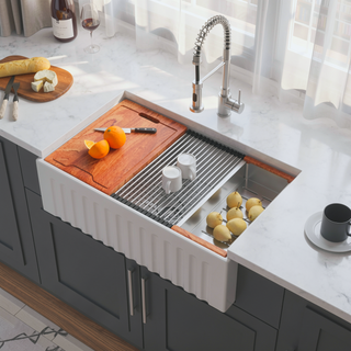 Sunvega 33 Inch White Porcelain Ceramic Farmhouse Kitchen Sink Workstation with Reversible Apron