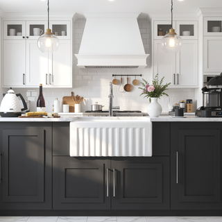 Sunvega 33 Inch White Porcelain Ceramic Farmhouse Kitchen Sink Workstation with Reversible Apron