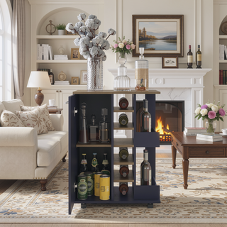 Sunvega Bar Cart with Two External Shelves, Four Locking Casters, and a Single Door Cabinet