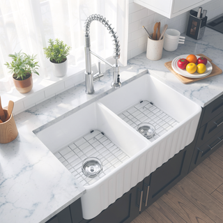 Sunvega 33 Inch White Porcelain Ceramic Farmhouse Kitchen Sink Workstation with Reversible Apron