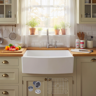Sunvega 33 Inch White Porcelain Ceramic Farmhouse Kitchen Sink Workstation with Reversible Apron