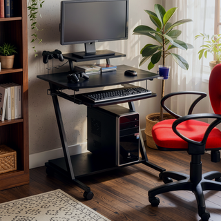 Sunvega Black Gaming Desk with Keyboard Tray and Wheels for Easy Mobility