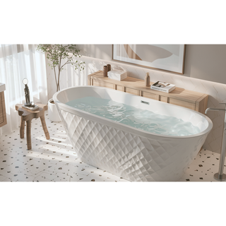 Sunvega 59 inch Freestanding Acrylic Bathtub with Diamond Pattern and Gloss White Finish