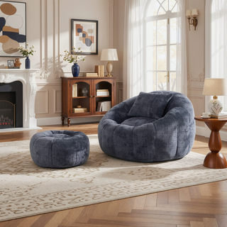 Sunvega Modern Pumpkin Shape Bean Bag Chair with Ottoman for Living Room