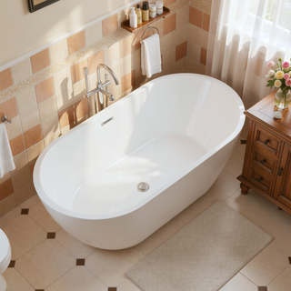 Sunvega 59 Inch Acrylic Freestanding Soaking Tub with Gold Overflow Drain