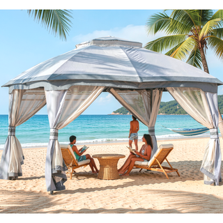 Sunvega Outdoor Canopy Gazebo with Mesh Walls and Double-Tier Roof for Patio