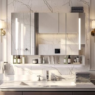 Sunvega Aluminium Medicine Cabinet Mirror with LED Light Defogging Function Cosmetic Storage Rack
