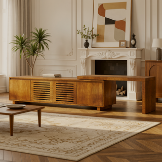 Sunvega Expandable Mid-Century Modern TV Stand for 55-75" TVs with Vintage Wood Grain