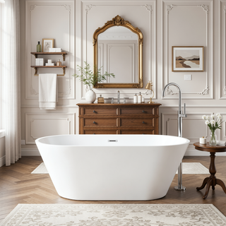Sunvega 59 Inch Acrylic Freestanding Soaking Tub with Gold Overflow Drain