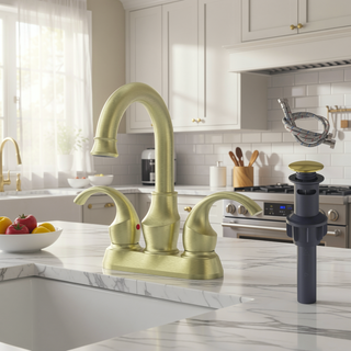 Sunvega Brushed Gold 2-Handle 4-Inch Centerset Vanity Sink Faucet with 360 Degree Rotating Spout