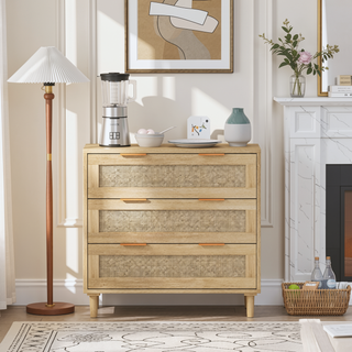 Sunvega Modern Oak Rattan Storage Cabinet with 3 Deep Drawers for Bedroom Living Room