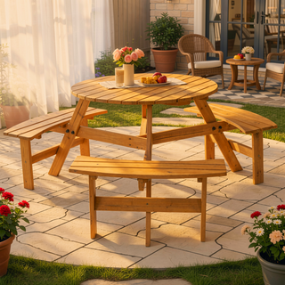 Sunvega Fir Wood Picnic Table with 2 Benches 75 Inch Dining Surface 2220lb Capacity