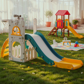 Sunvega 5-in-1 Indoor Toddler Slide Playset with Basketball Hoop and Climber