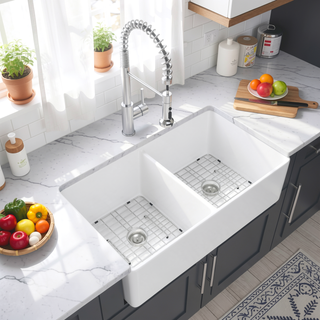 Sunvega 33 Inch White Porcelain Ceramic Farmhouse Kitchen Sink Workstation with Reversible Apron