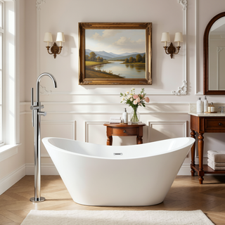 Sunvega 59 Inch Acrylic Freestanding Soaking Tub with Gold Overflow Drain