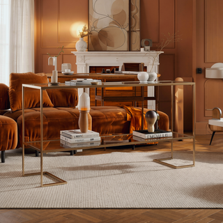 Sunvega Gilded Slim Console with Mirror and Glass Shelves for Entryway or Living Room