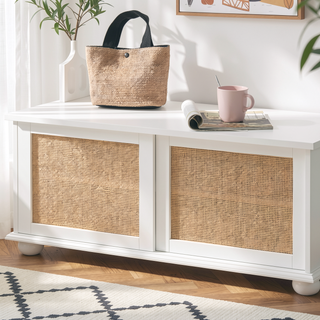 Sunvega Hall Tree Storage Bench with Rattan Door and Shoe Rack for Entryway