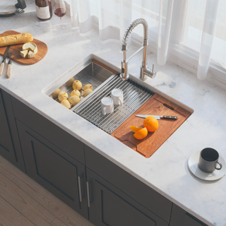 Sunvega 33 Inch White Porcelain Ceramic Farmhouse Kitchen Sink Workstation with Reversible Apron