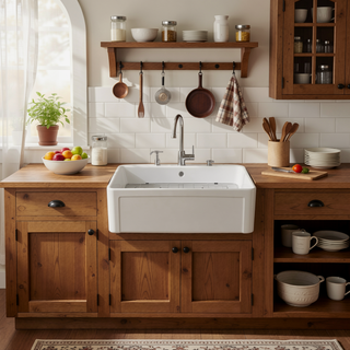 Sunvega 33 Inch White Porcelain Ceramic Farmhouse Kitchen Sink Workstation with Reversible Apron
