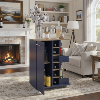 Sunvega Bar Cart with Two External Shelves, Four Locking Casters, and a Single Door Cabinet