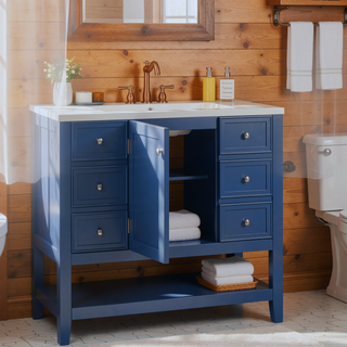 Sunvega 36 Inch Bathroom Vanity Cabinet Base with Drawers and Open Shelf in Black
