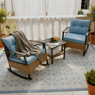Sunvega 3pcs Rocking Rattan Chair Set with Side Table for Outdoor Relaxation