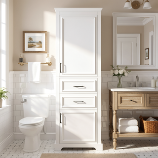 Sunvega Modern White Bathroom Vanity with Damping Hinges and Adjustable Shelves