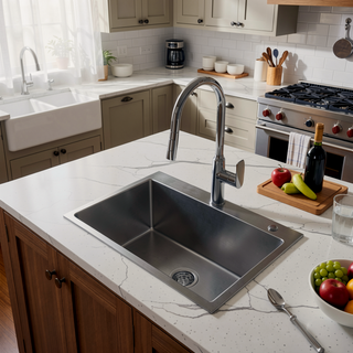 Sunvega 32x19 Inch Overmount Single Bowl Kitchen Sink in Brushed Nickel