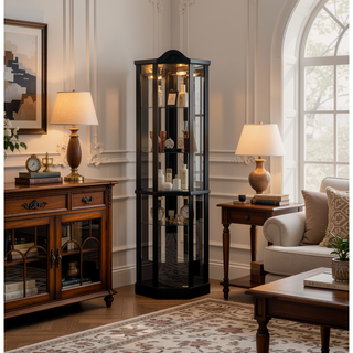 Sunvega Antique Glass Corner Cabinet with Adjustable Shelves and Built-in Light