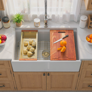 Sunvega 33 Inch White Porcelain Ceramic Farmhouse Kitchen Sink Workstation with Reversible Apron